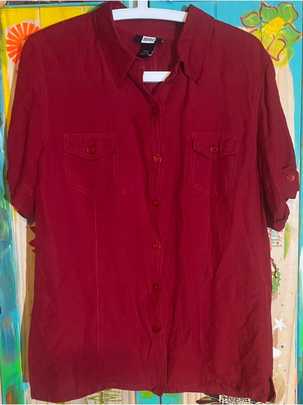 🍒 Women’s Studio1940 Linen Button-Down Shirt – XL – Cherry Red